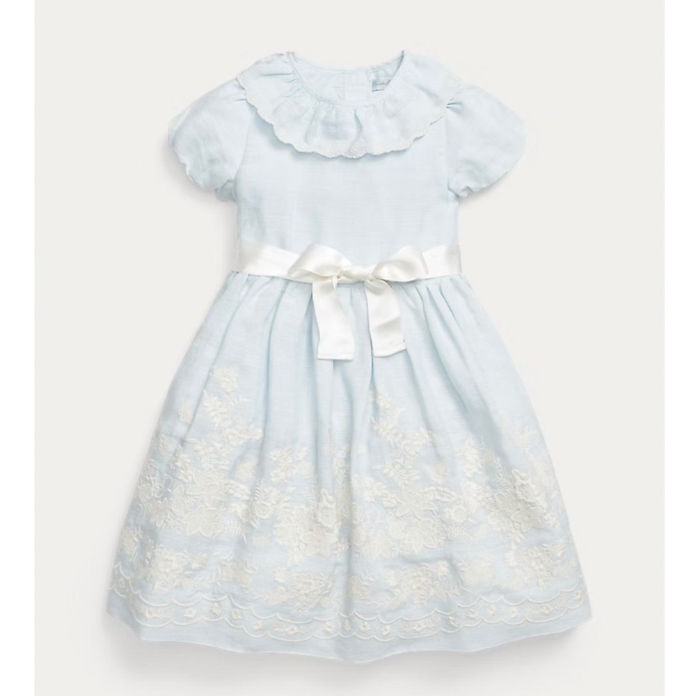 Ralph Lauren Floral Embroidered Ruffle Overlay Blue Hemp Dress Peter Collar 5